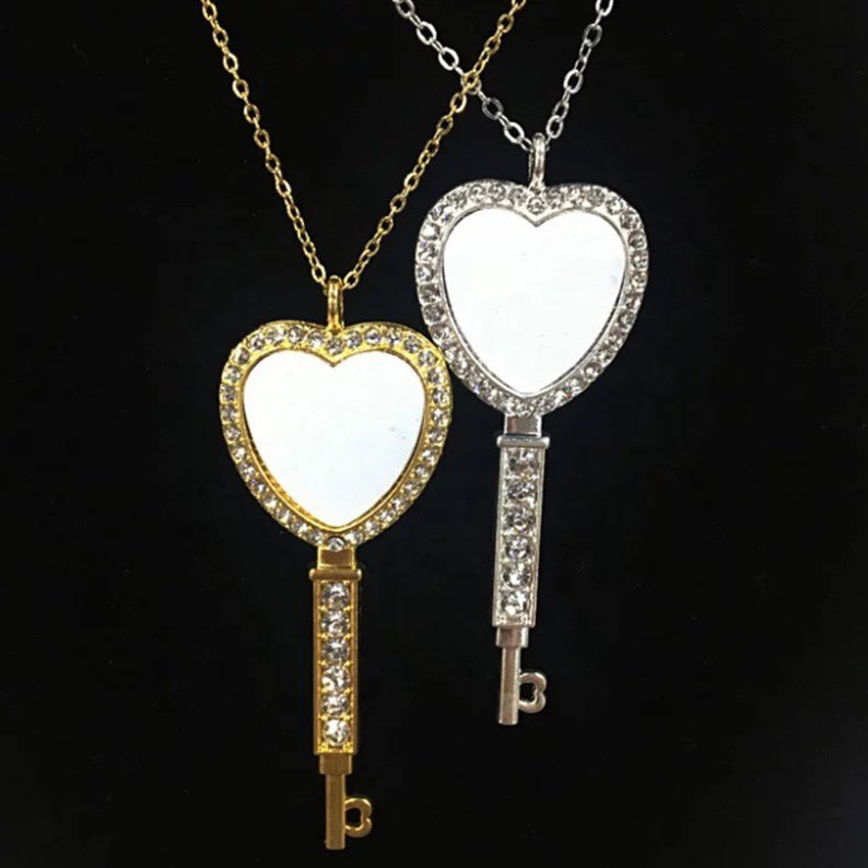 Blank KEY HEART Necklace  Rhinestone Pendant